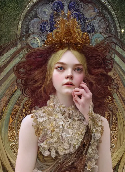 Prompt: Elle Fanning as God of Beauty, cute, fantasy, intricate, elegant, highly detailed, digital painting, 4k, HDR, concept art, smooth, sharp focus, illustration, art by alphonse mucha,artgerm, H R Giger