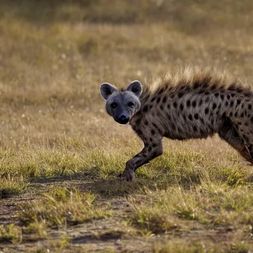 Image similar to national geographic photograph, a hyena walking through a pyrenean landscape where there is a lake