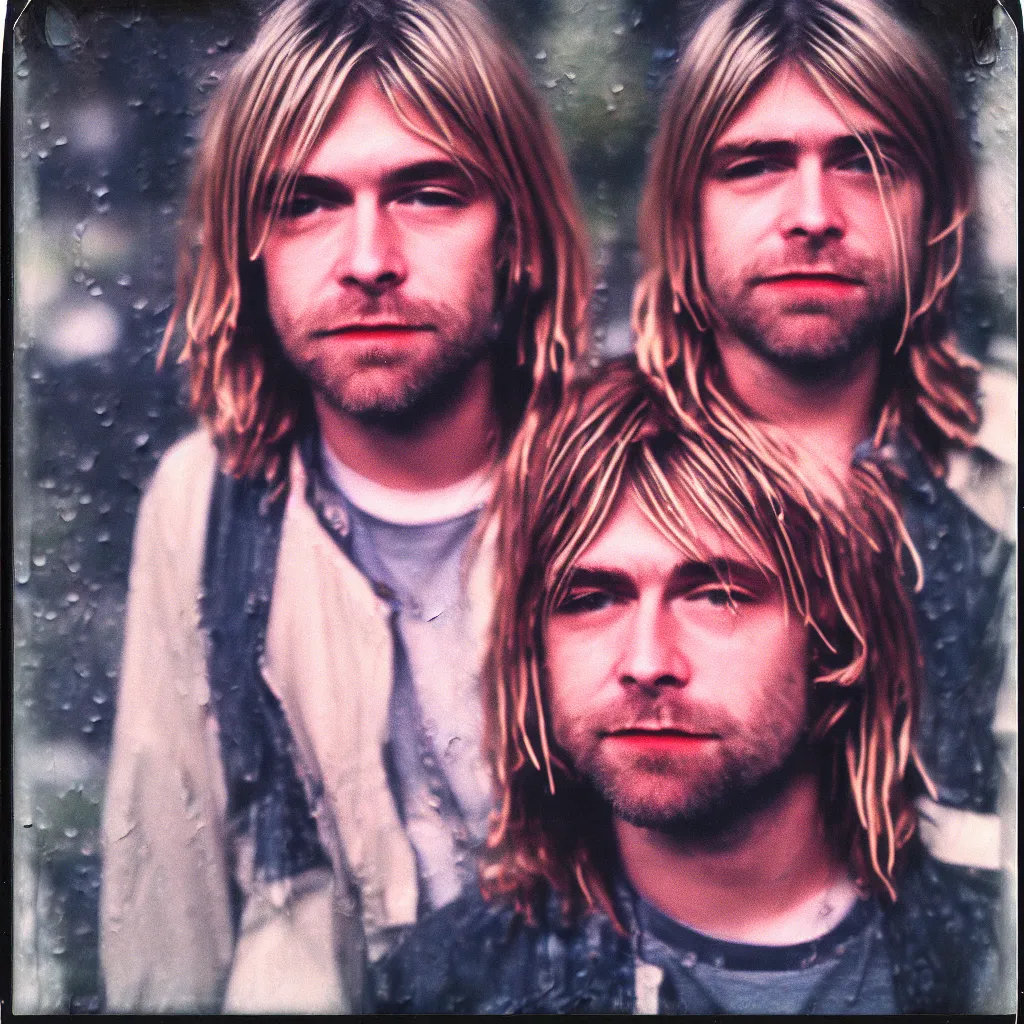 Prompt: polaroid of kurt cobain in seattle, raining! nighttime, color, photorealistic, hyperdetailed, 8 k