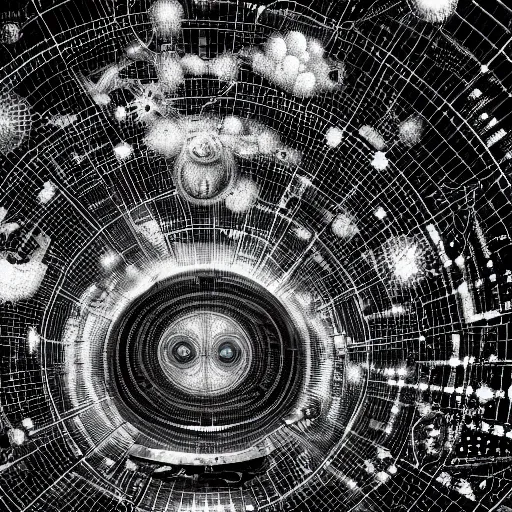 Image similar to a black and white drawing of a chrome space station filled with equipment, a microscopic photo by ernst haeckel, zbrush central, kinetic pointillism, bioluminescence, intricate patterns, photoillustration