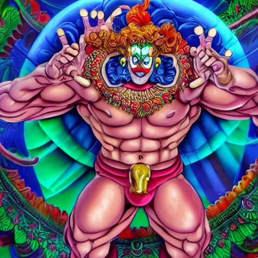 Image similar to 4K headshot of godlike clown with defined arms and open hands and bloody clothes with giant mandala wings , intricate face , flawless anime cel animation by Kentaro Miura, psychedelic , Broly , highly detailed upper body , professionally post-processed , beautiful, scary, symmetry accurate features, epic, octane rendered, anime masterpiece, accurate