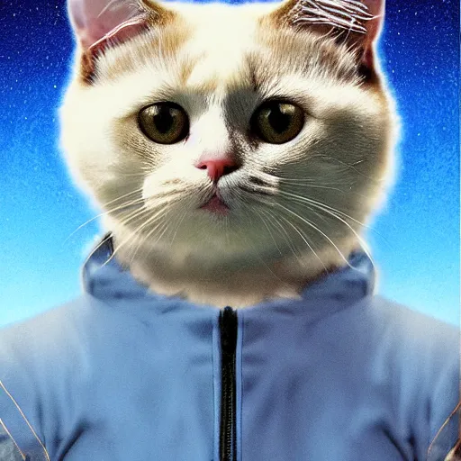 Image similar to head and shoulders masterpiece portrait of a cute adorable cat wearing a blue spacesuit, surreal background, digital art, by hieronymus bosch, trending on artstation, cgsociety,