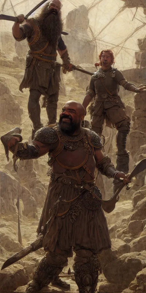 Image similar to jeffrey wright, blacksmith, very long beard, huge and very muscular, smiling hammer, dungeons and dragons, masterpiece by edgar maxence and ross tran and michael whelan, gustav dore, 8 k, octane render