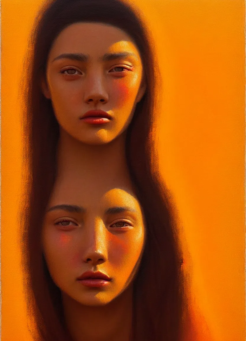 Prompt: a face portrait of a beautiful girl enjoying the warm sunlight, aztec setting, close - shot, symmetrical face, warm colors, soft lighting, atmospheric, cinematic, moody, in the style of diego koi, gina heyer, luiz escanuela, art by alyssa monk, hyperrealism, rule of thirds, golden ratio, oil on canvas, 8 k