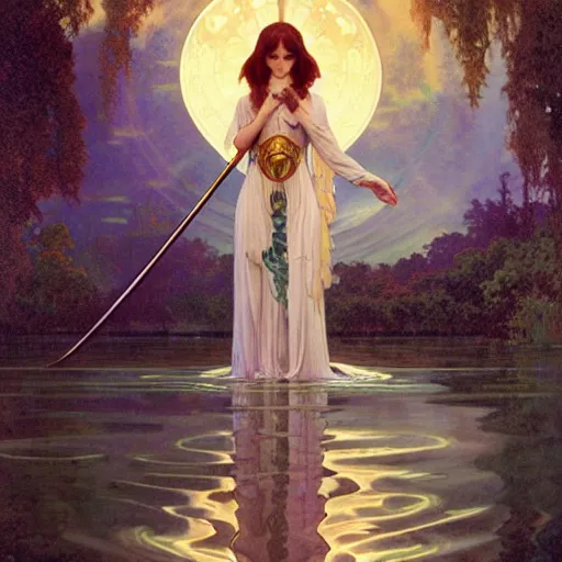 Image similar to a magic sword rising from the middle of a lake under a giant full moon, rippling reflections, romantic, cinematic, intricate, elegant, highly detailed, artstation, concept art, smooth, sharp focus, art by alphonse mucha and Monia Merlo and Raymond Swanland