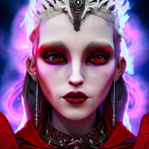 Image similar to minagho, pathfinder wrath of the righteous, demon girl, gorgeous, ornate dashing red garments, earrings, perfect symmetry face, intricate portrait, red dress, ashen blonde hair, 8 k resolution, volumetric lighting, trending on art station, magic realism, octane rendering, unreal engine 5