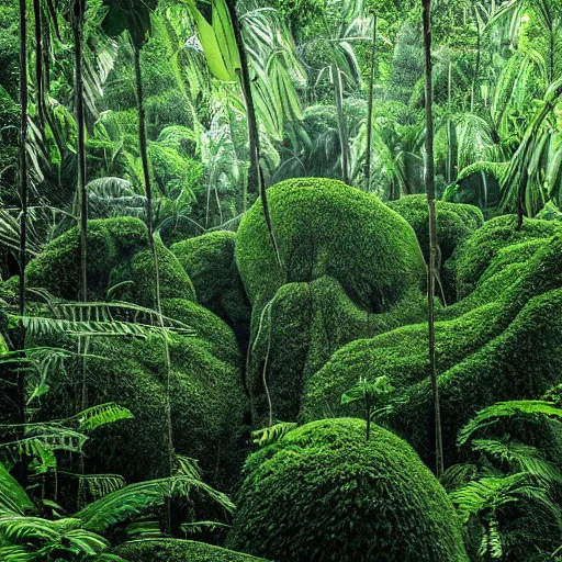 Image similar to ginormous single celled slime amoeba in a dense jungle made of giant trees and dense foliage