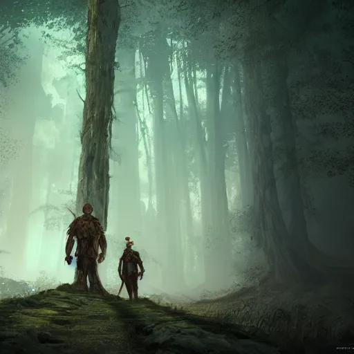 Image similar to an establishing shot of a giant with two heads, one on his left shoulder one on his right, dnd in a dark forest, two heads, digital art, high quality render, artstation, 8 k, photograph quality, ultrahd