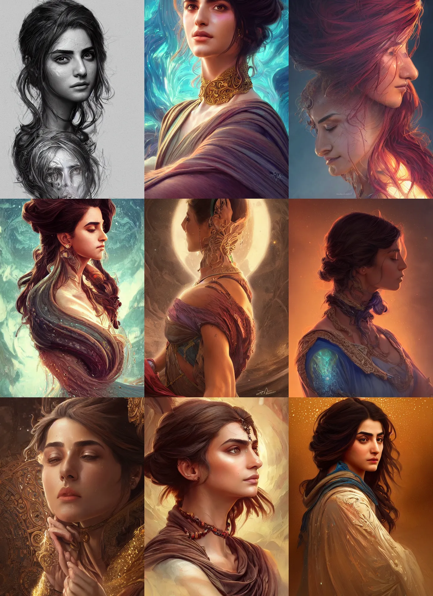 Prompt: Sorcerer, Maya Ali, side profile portrait, sweat drops, fibonacci fractals, insane, chromatic, intricate, highly detailed, digital painting, artstation, concept art, smooth, sharp focus, illustration, Unreal Engine 5, 8K, art by artgerm and greg rutkowski and alphonse mucha