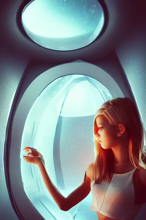 Prompt: girl in a spaceship, detailed miniskirt, beautiful model girl, cimematic shot, futuristic spaceship window, by artgerm, by wlop, octane render, vector art, 4 k