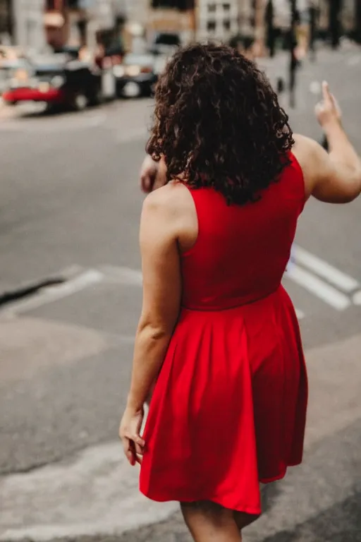 Prompt: woman in a red sleeveless dress, out of focus