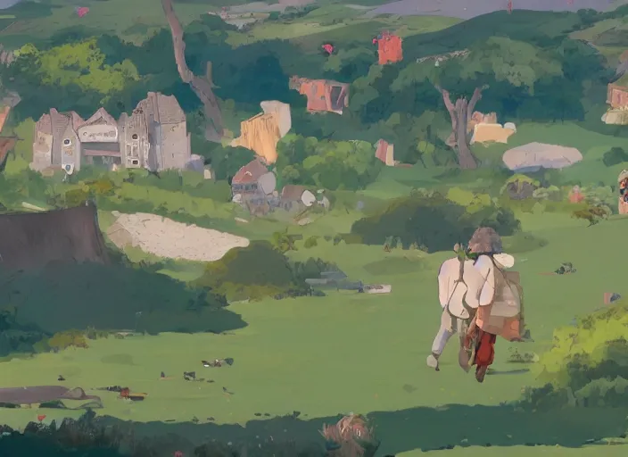 Prompt: a vast open meadow and rolling hills, pleasant village, stream river, kites in air, large fluffy clouds, animation by studio ghibli and wes anderson