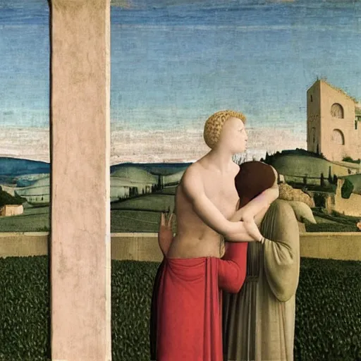 Image similar to a couple kissing, behind them is a window that shows a hilly landscape with vineyards, piero della francesca, 1 4 5 0