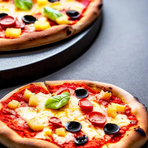 Prompt: pizza with pineapple toppings close up, 4 k, cinematic shot, photorealistic