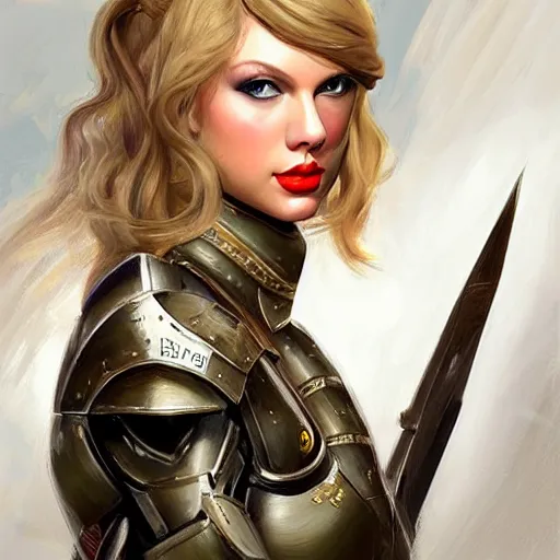 Prompt: a professional painting of Taylor Swift as a beautiful young female, clothed in battle armor, olive skin, long blonde hair, beautiful bone structure, symmetrical facial features, intricate, elegant, digital painting, concept art, smooth, sharp focus, illustration, from StarCraft by Ruan Jia and Mandy Jurgens and Artgerm and William-Adolphe Bouguerea