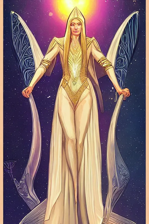 Prompt: tarot illustration of galadriel as the empress by artstation