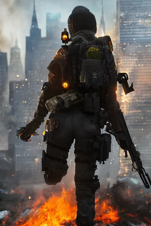 Prompt: close up of an agent from (Tom Clancy's The Division), snowy new york in background, fire in background, high detail, digital art, trending on artstation, by Tom Garden, by Marek Okon, by Abrar Khan
