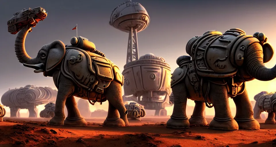 Prompt: pixar elephant octopus running brontosaurus atat googly eyes, military tank fury road iron smelting pits space marines, highly detailed cinematic scifi render of 3 d sculpt of spiked gears of war skulls, military chris foss, john harris, hoover dam'aircraft carrier tower'beeple, warhammer 4 0 k, halo, halo, mass effect