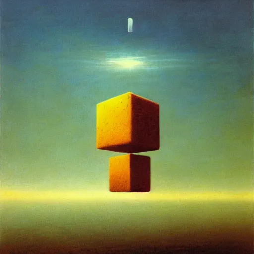 Prompt: cube floating above the horizon, zdzislaw beksinski