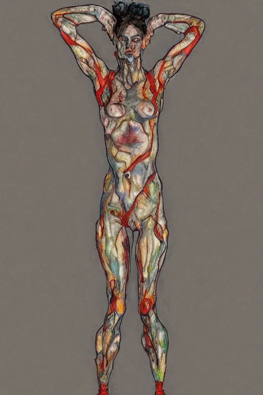 Image similar to a full body character with multiple lifted arms in style of egon schiele and herakut, masterpiece, hyperdetailed, complex, intricate, veiled, 4 k, 8 k, dynamic!!, trending on artstation