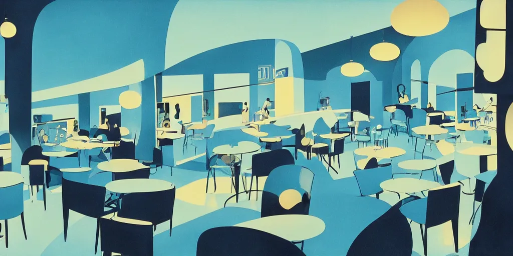 Prompt: cafe interior, blue tone, modernism, gouache, animated film, stylised, illustration, by eyvind earle, scott wills, genndy tartakovski