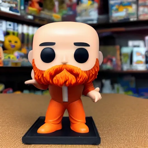 Prompt: funko pop bald man with an orange beard and funko pop box