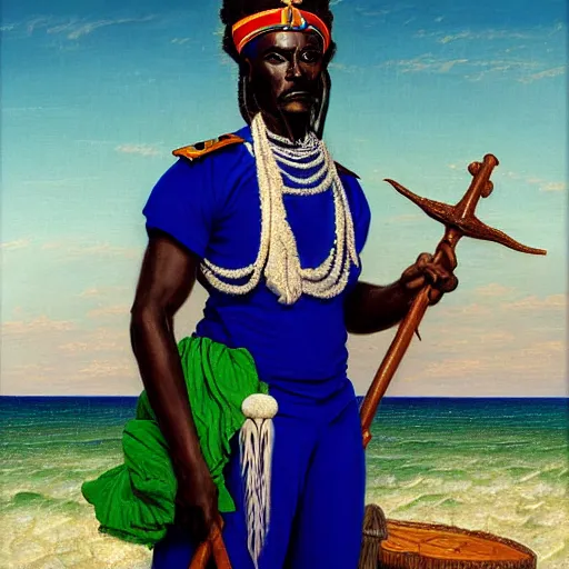 Prompt: oil painting of an imposing and handsome mature african - haitian naval officer voodoo god of the sea wearing blue, sea - green and white clothes, holding a trident in his hand by john william godward. photorealistic, highly detailed, classical lighting, sea background.