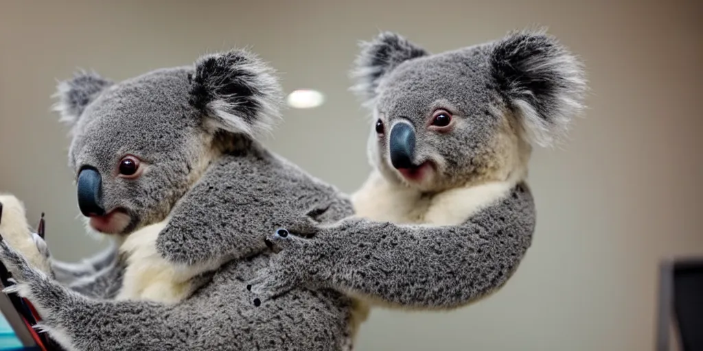 Prompt: A photo of a koala working in a corporate office, 4K, realistic,