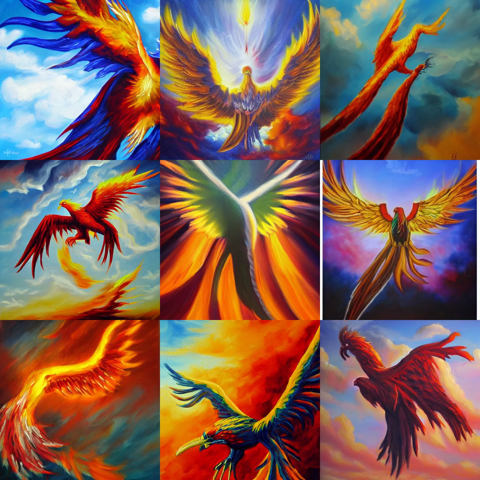 Prompt: freedom phoenix oil painting, light, in clouds