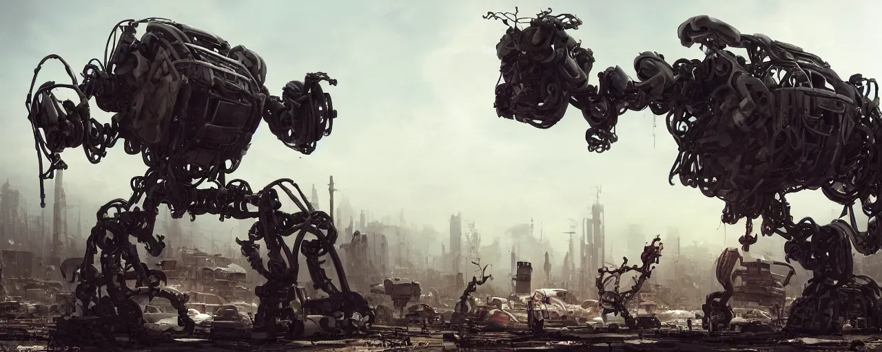Image similar to an intricate concept art of a mechanical robot coming out to life in a junkyard, post - apocalyptic, matte painting, concept art, hyper realistic, cgsociety, artstation, deviantart, style by feng zhu and dylan cole, octane render, anime style