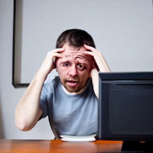 Image similar to A photo of a scared man in front of a computer, realistic, stock photo