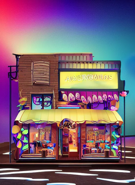 Image similar to iridescent hair salon at sunrise Details to include : * bus * cars * popcorn machine digital art, full shot RPG, official media, beautiful, detailed, high quality, wallpaper 4K, epic, trending on artstation and behance, dynamic lightning ,