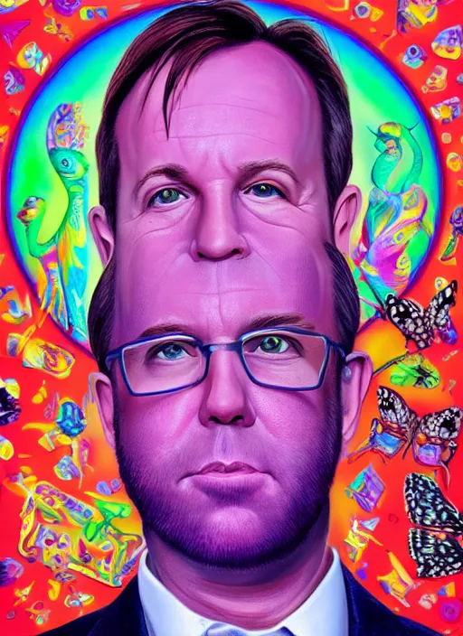 Image similar to highly detailed ultra realistic portrait of discheveled alex jones by lisa frank