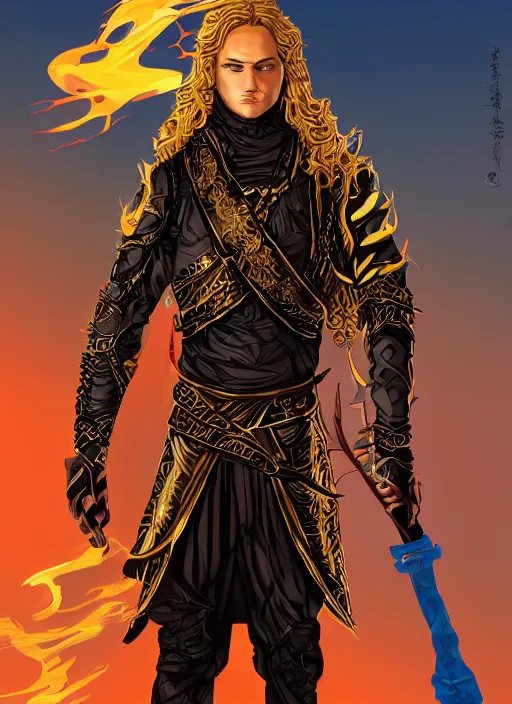 Image similar to An Artstation drawing style of a young man wearing a black scale ninja outfit with golden details, no mask, wavy golden hair and blue eyes. He is holding a golden bo staff. He is in a fiery desert with a blue sky.