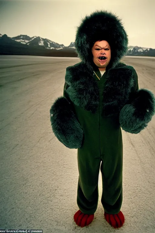 Image similar to 1 8 mm f 1 6 wide shot full body portrait photography of a crazy man wearing fur mittens who looks like a mix of lou diamond phillips and jack black wearing a retro alien invasion movie costume from the 1 9 6 0 s, photo by gregory crewdson