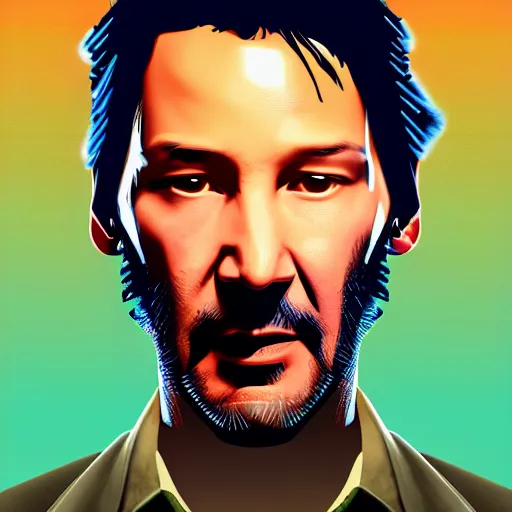 Prompt: keanu reevez in disco elysium, game poster, digital art, by aleksander rostov, disco elysium style, garain, glitch