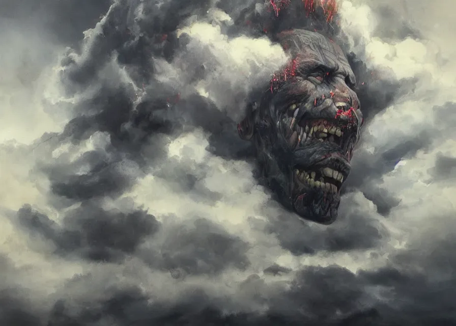 Image similar to large abstract painting of giant Joe Biden grinning evil emperor of the world made out of clouds emerging in dark clouds, cosmic horror, evil, dangerous, trending on ArtStation, masterpiece, by Greg Rutkowski, by Ross Tran, by Fenghua Zhong, octane, lightbeam eyes, soft render, clear facial features, oil on canvas, immense crowd of people, moody lighting, cinematic, professional environment concept art