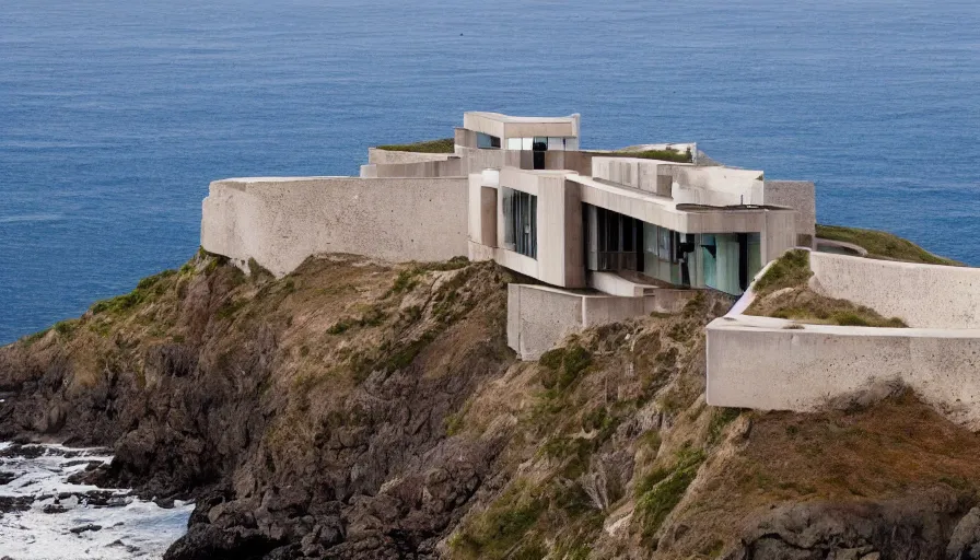 Image similar to coastal perched on a cliff overlooking a magnificient bay, big brutalism architecture on cliffs, drawing architecture, pritzker architecture prize, greig fraser