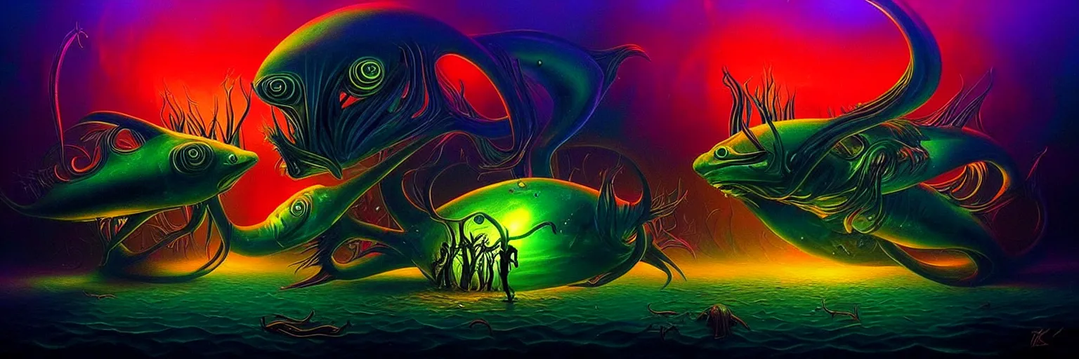 Image similar to strange alien fish creatures from the depths of the collective unconscious, dramatic lighting, surreal darkly colorful painting by ronny khalil