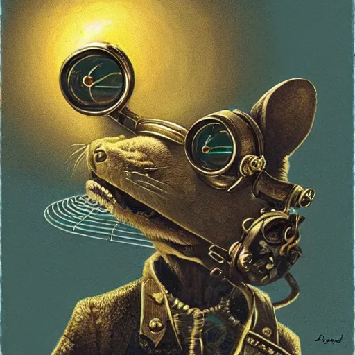 Prompt: a rat with steampunk googles, by David A. Hardy