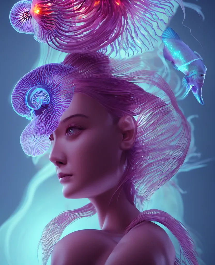 Image similar to goddess close-up portrait. orchid jellyfish phoenix head, nautilus, skull, betta fish, bioluminiscent creatures, intricate artwork by Tooth Wu and wlop and beeple. octane render, trending on artstation, greg rutkowski very coherent symmetrical artwork. cinematic, hyper realism, high detail, octane render, 8k