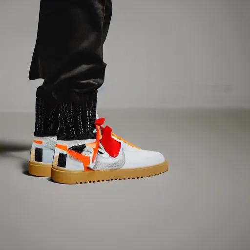 Image similar to a studio photoshoot of Nike x Off-White sneakers designed by Virgil Abloh, leather with knitted mesh material, gum rubber outsole, realistic, color film photography by Tlyer Mitchell, 35 mm, graflex