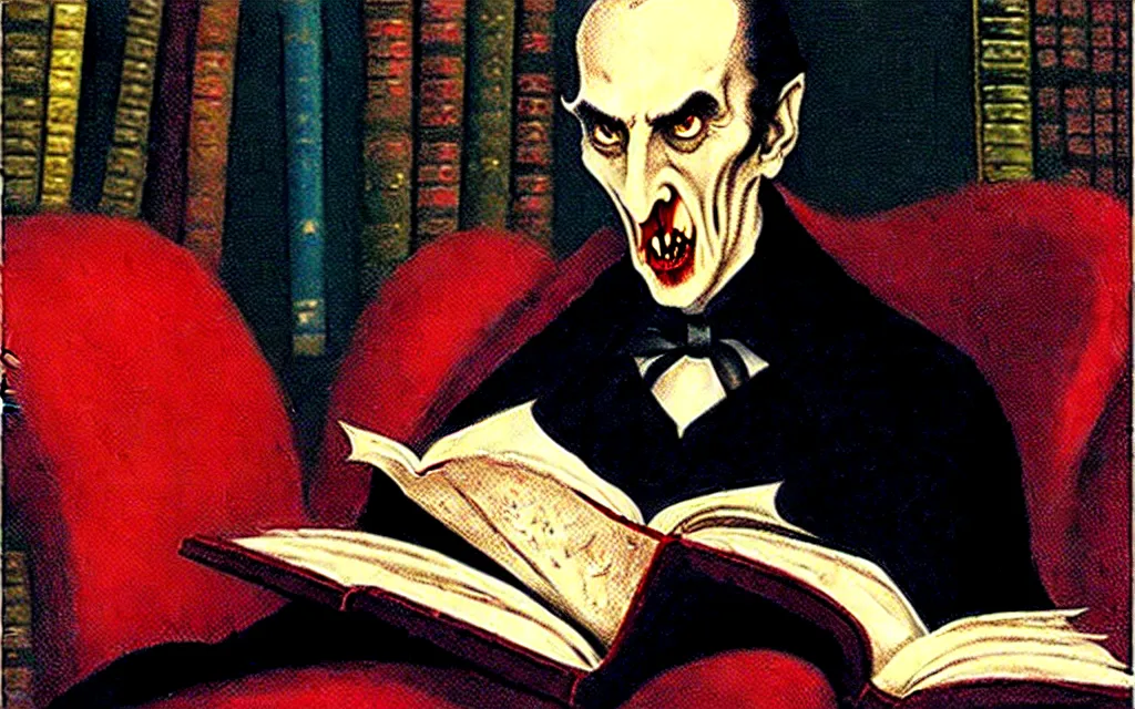 Prompt: enormous library, dracula sits reading a book, bats, gordon browne