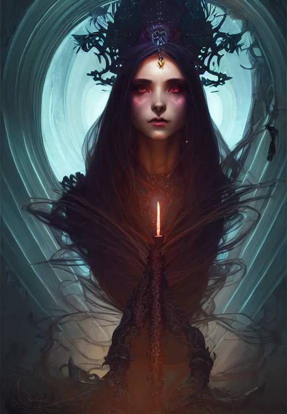 Image similar to Necromancer Sorceress in center, fantasy magic, undercut hairstyle, dark light night, intricate, elegant, sharp focus, illustration, highly detailed, digital painting, concept art, matte, art by WLOP and Artgerm and Greg Rutkowski and Alphonse Mucha, masterpiece