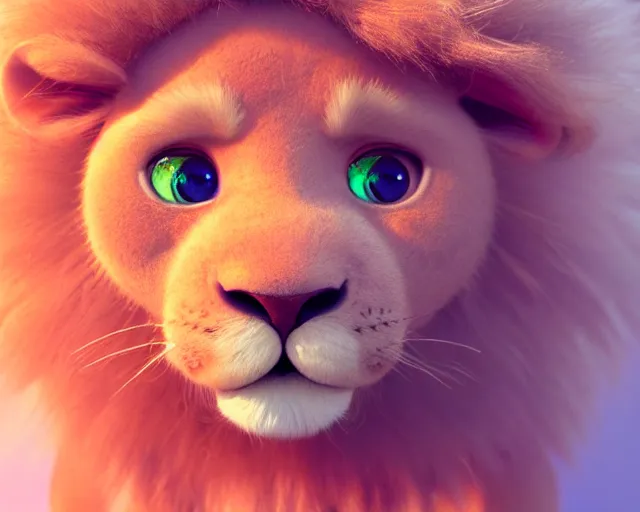 Image similar to a cute baby lion, big eyes, soft fur texture, pastel colours, colorful, glitter crystals, cute, pixar animation style, detailed, soft light, octane render, 4 k,