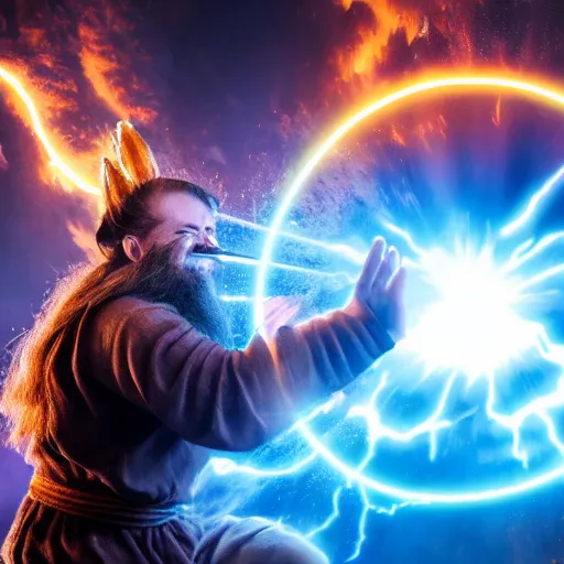 Image similar to a dwarf shooting a kamehameha blast, 4 k, hyper realistic, dslr, high resolution, landscape, beautiful