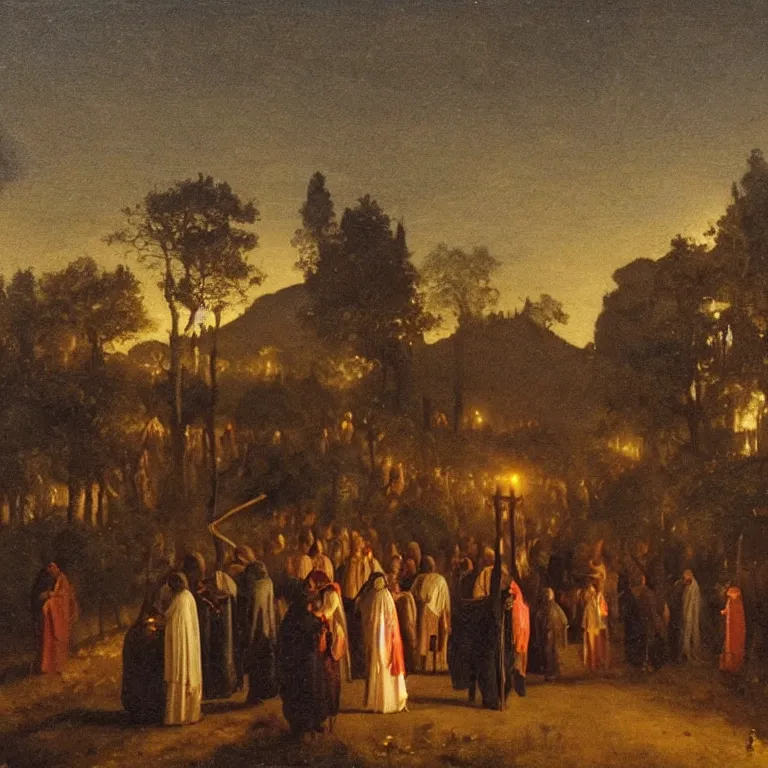 Image similar to A Holy Week procession of souls in a lush Spanish landscape at night. A figure at the front holds a cross. Petrus van Schendel.