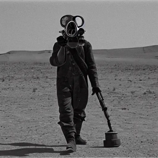 Prompt: an 1 8 0 0's admiral wearing a gasmask, in the desert, film still, arriflex 3 5