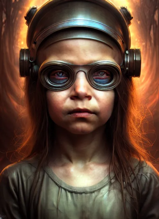 Image similar to closeup portrait shot of a cyberpunk child in a scenic dystopian environment, intricate, elegant, highly detailed, centered, digital painting, artstation, concept art, smooth, sharp focus, illustration, artgerm, tomasz alen kopera, peter mohrbacher, donato giancola, joseph christian leyendecker, wlop, boris vallejo