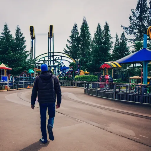 Prompt: a man walks trough a amusement park